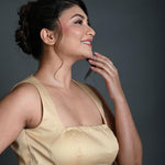 Cream Sleeveless Blouse in Cotton with Square Neckline and Back Cutout - Anvi Couture