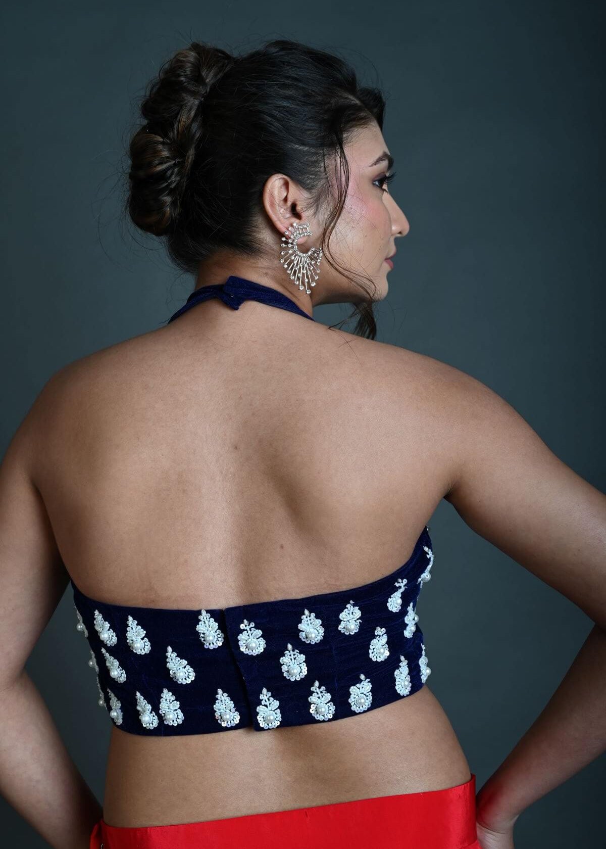 Navy Blue Halter Neck Hand Embroidered Blouse in Velvet - Anvi Couture