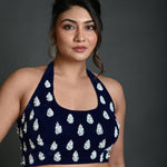 Navy Blue Halter Neck Hand Embroidered Blouse in Velvet - Anvi Couture