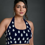 Navy Blue Halter Neck Hand Embroidered Blouse in Velvet - Anvi Couture