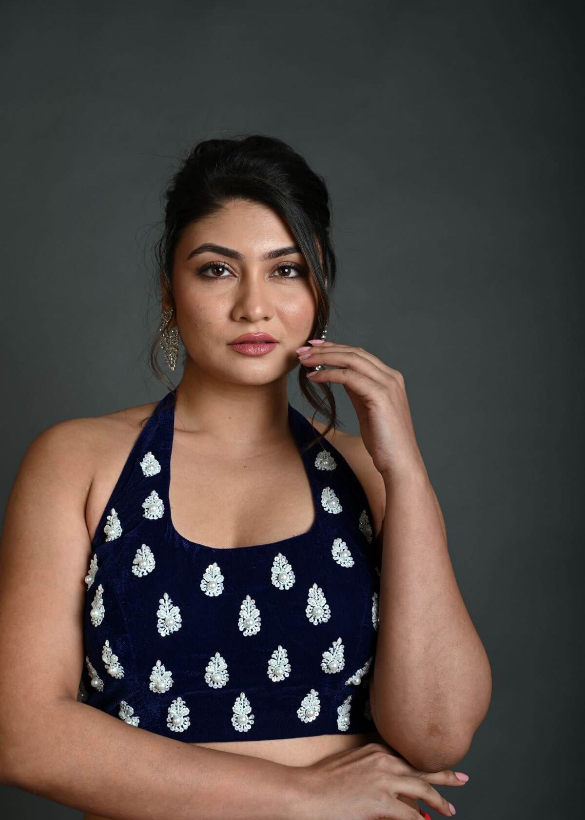 Navy Blue Halter Neck Hand Embroidered Blouse in Velvet - Anvi Couture