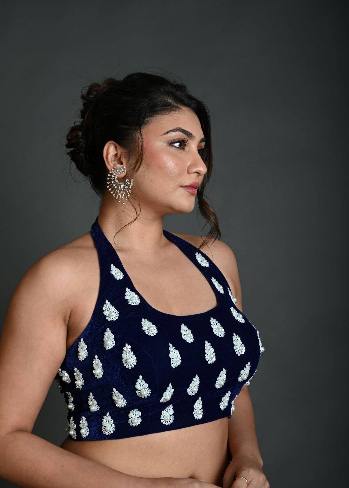 Navy Blue Halter Neck Hand Embroidered Blouse in Velvet - Anvi Couture