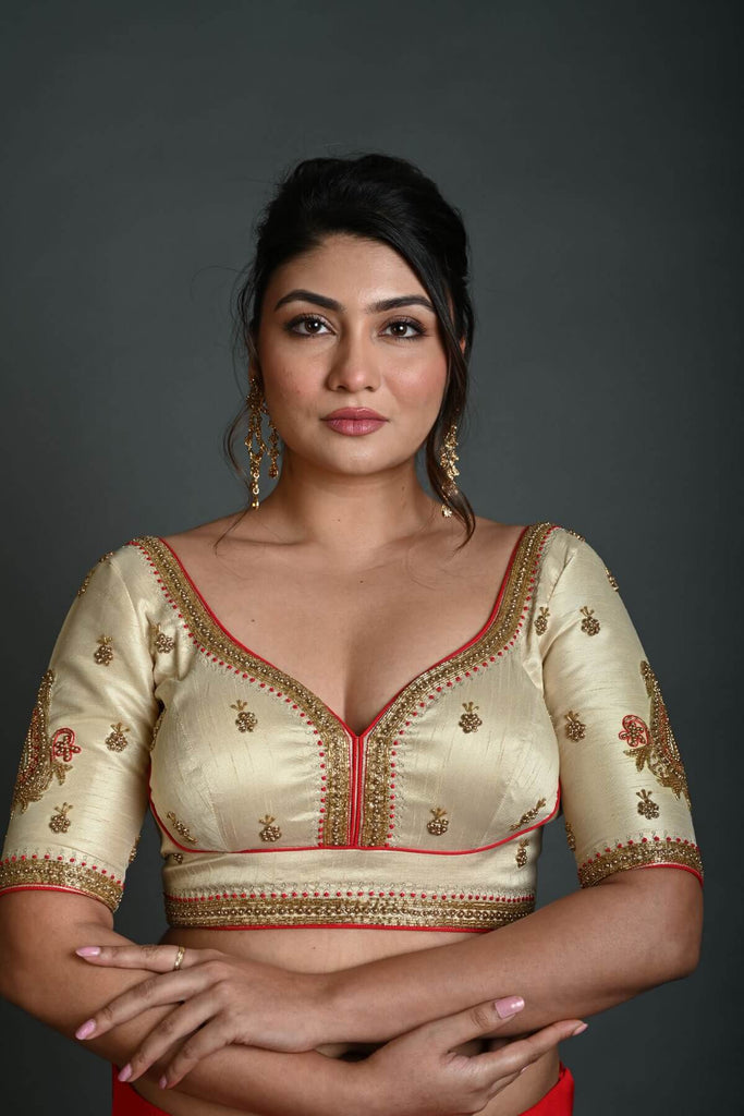 Wedding Aari Work Blouse Hand Embroidery Design in Gold Raw Silk
