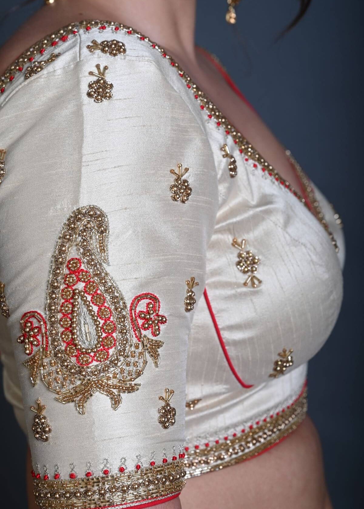 Wedding Aari Work Blouse Hand Embroidery Design in Gold Raw Silk - Anvi Couture