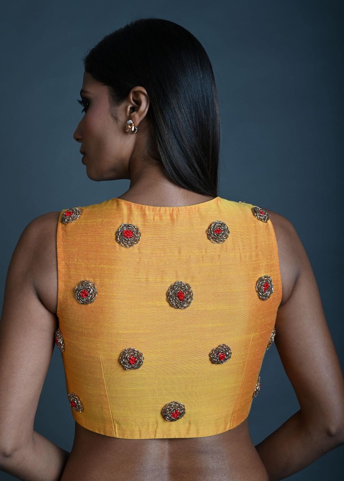 Wedding Aari Work Blouse Hand Embroidery Design in Yellow Raw Silk - Anvi Couture