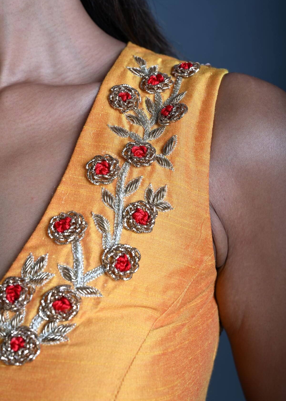 Wedding Aari Work Blouse Hand Embroidery Design in Yellow Raw Silk - Anvi Couture