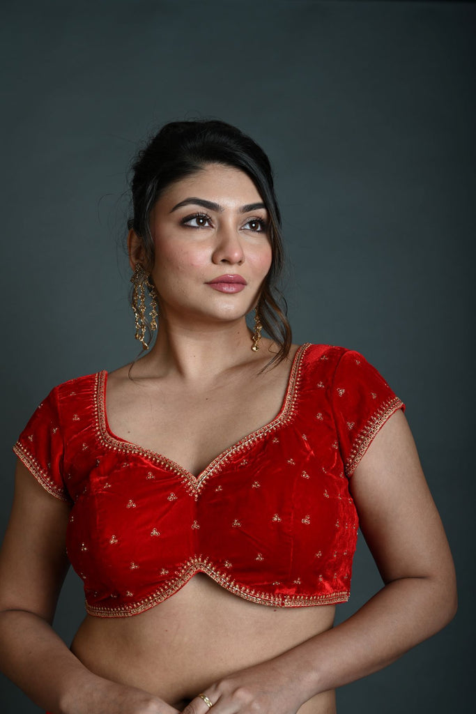 Red Velvet Blouse in Hand Embroidered Work with Short Sleeves