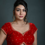 Red Velvet Blouse in Hand Embroidered Work with Short Sleeves - Anvi Couture