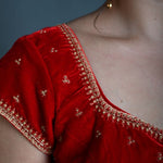 Red Velvet Blouse in Hand Embroidered Work with Short Sleeves - Anvi Couture