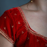 Red Velvet Blouse in Hand Embroidered Work with Short Sleeves - Anvi Couture