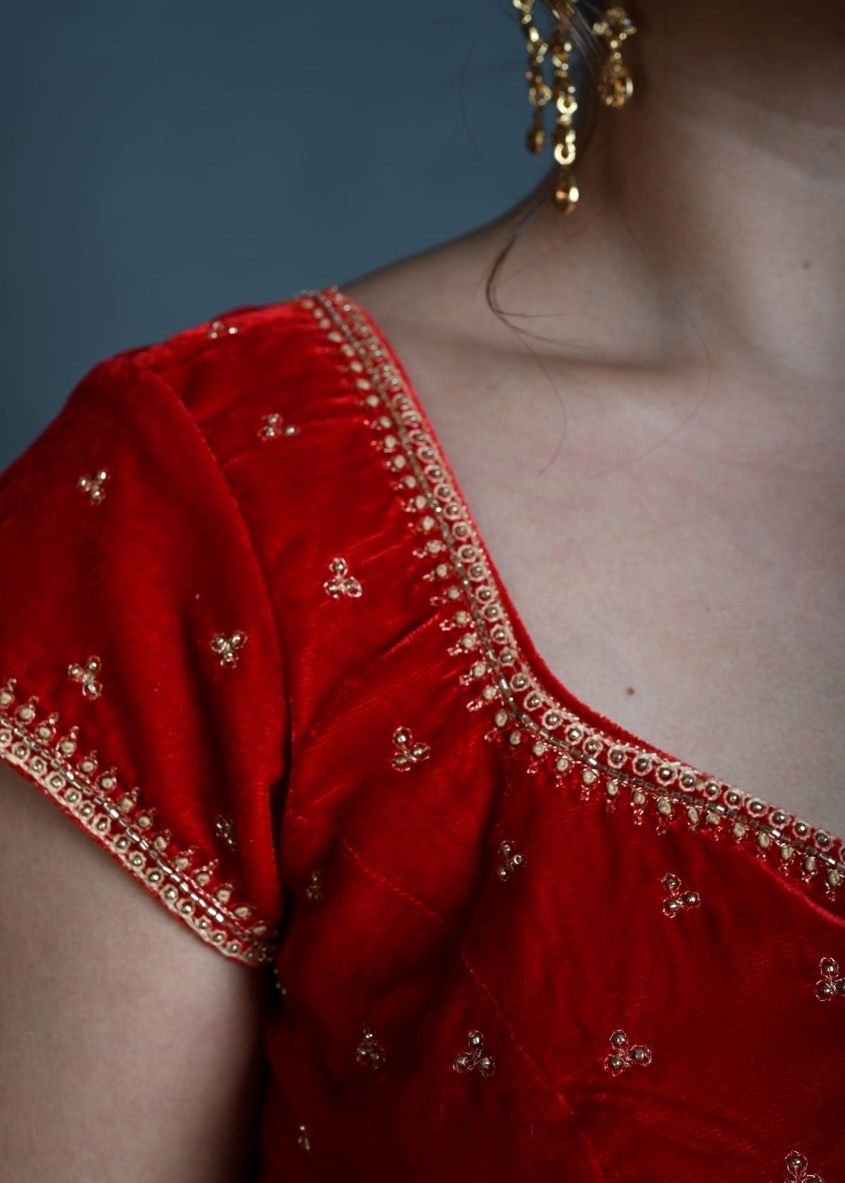 Red Velvet Blouse in Hand Embroidered Work with Short Sleeves - Anvi Couture