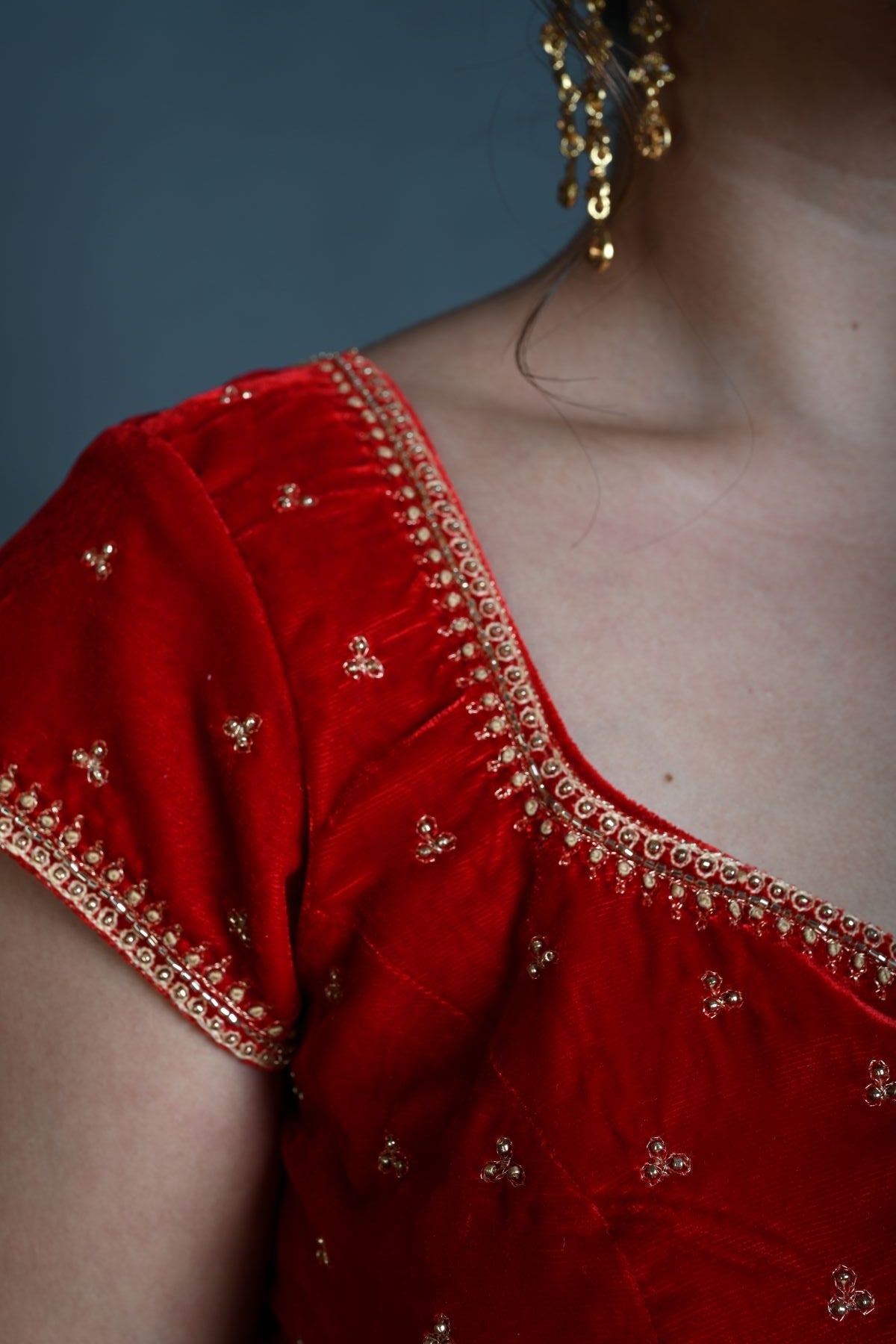 Red Velvet Blouse in Hand Embroidered Work with Short Sleeves - Anvi Couture