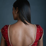 Maroon Embroidered Blouse in Silk with Short Sleeves - Anvi Couture