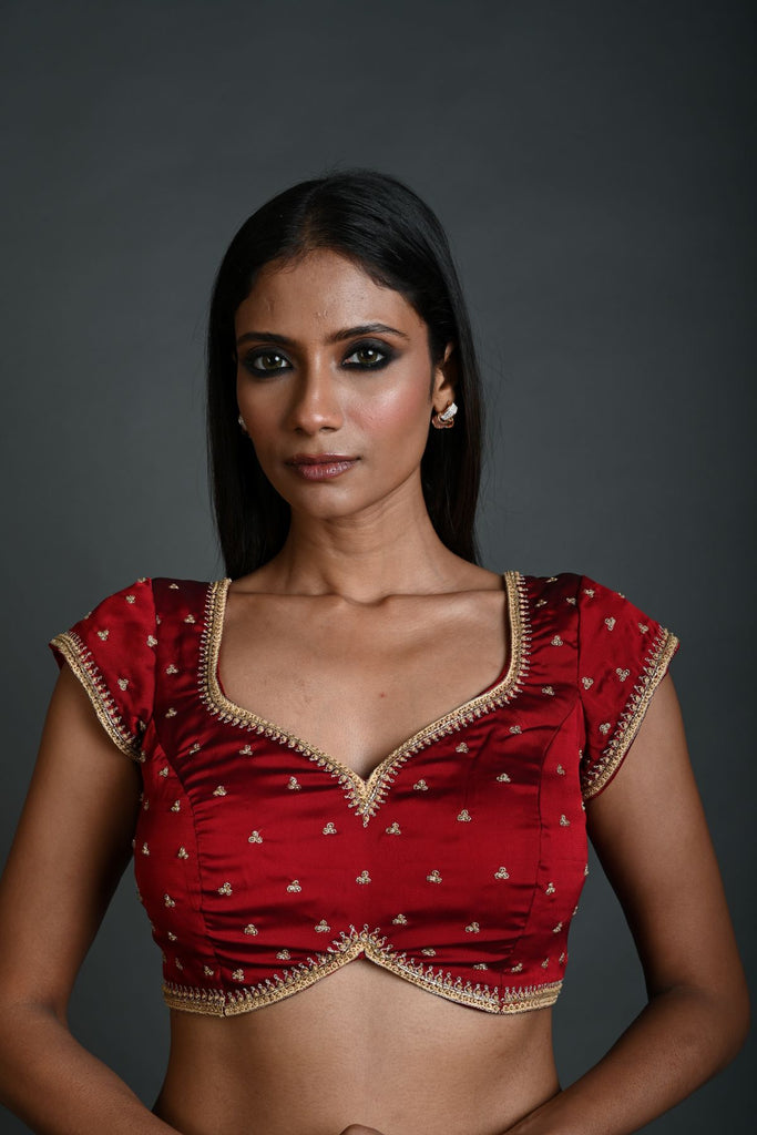 Maroon Embroidered Blouse in Silk with Short Sleeves