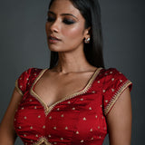 Maroon Embroidered Blouse in Silk with Short Sleeves - Anvi Couture