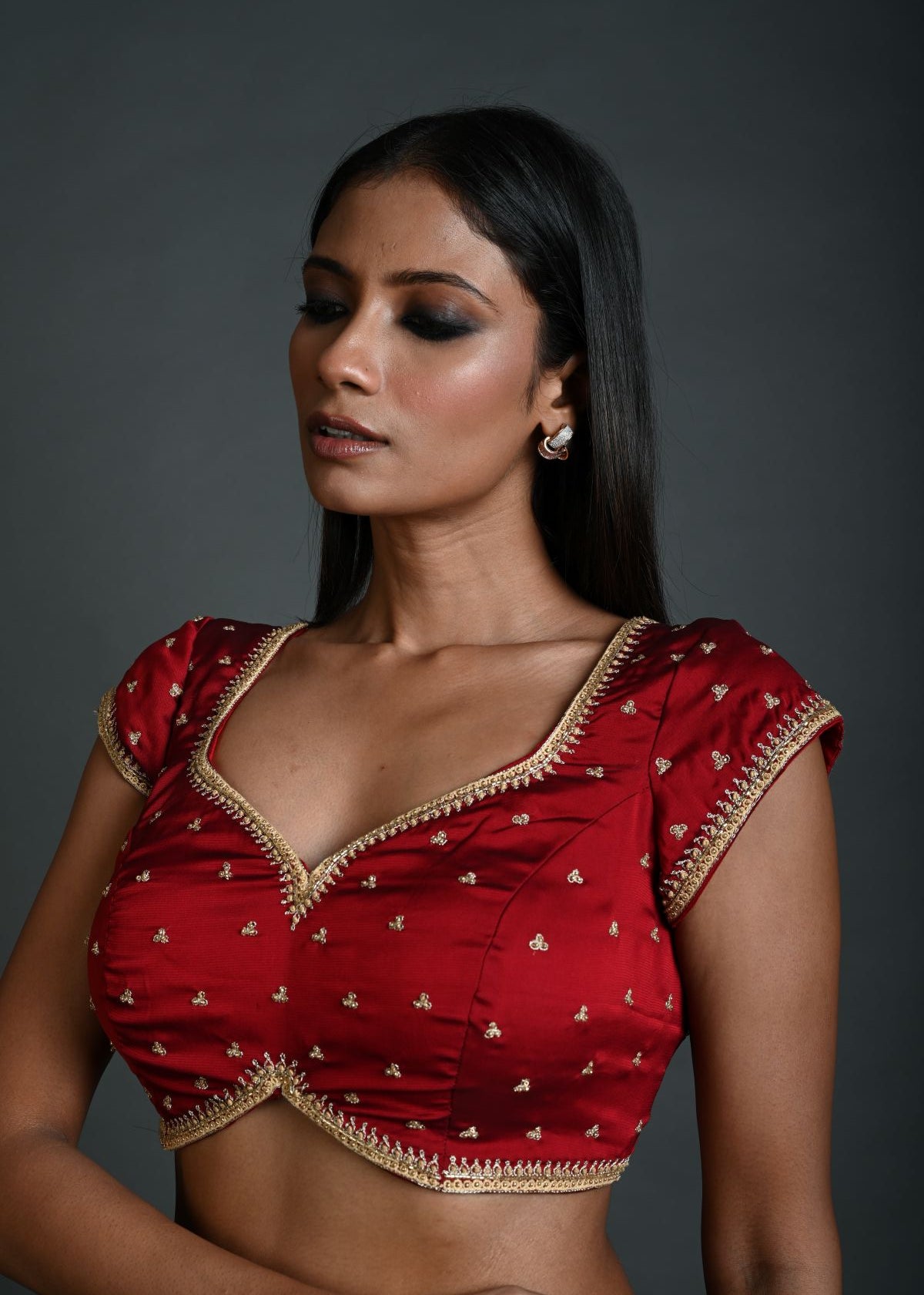 Maroon Embroidered Blouse in Silk with Short Sleeves - Anvi Couture