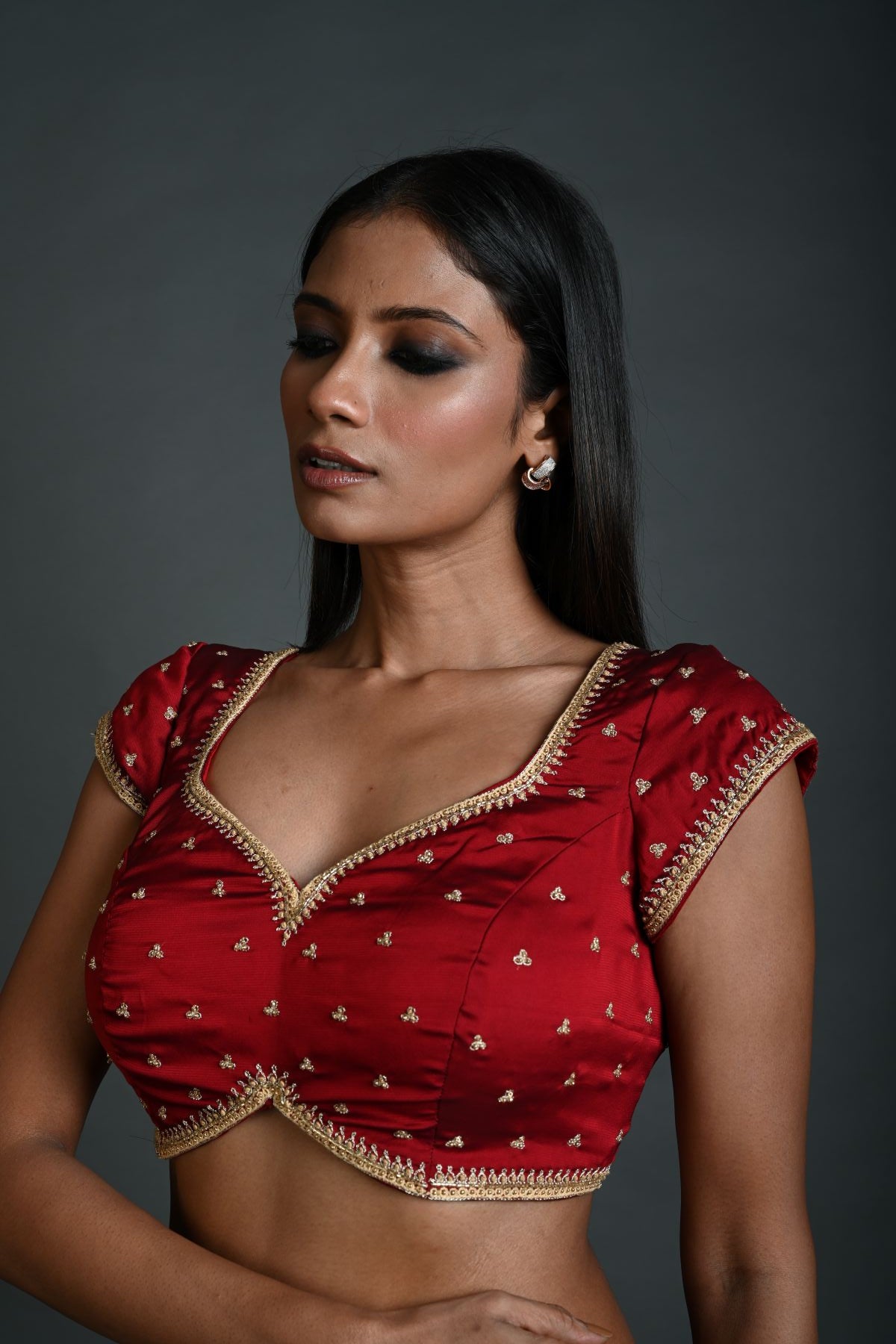 Maroon Embroidered Blouse in Silk with Short Sleeves - Anvi Couture