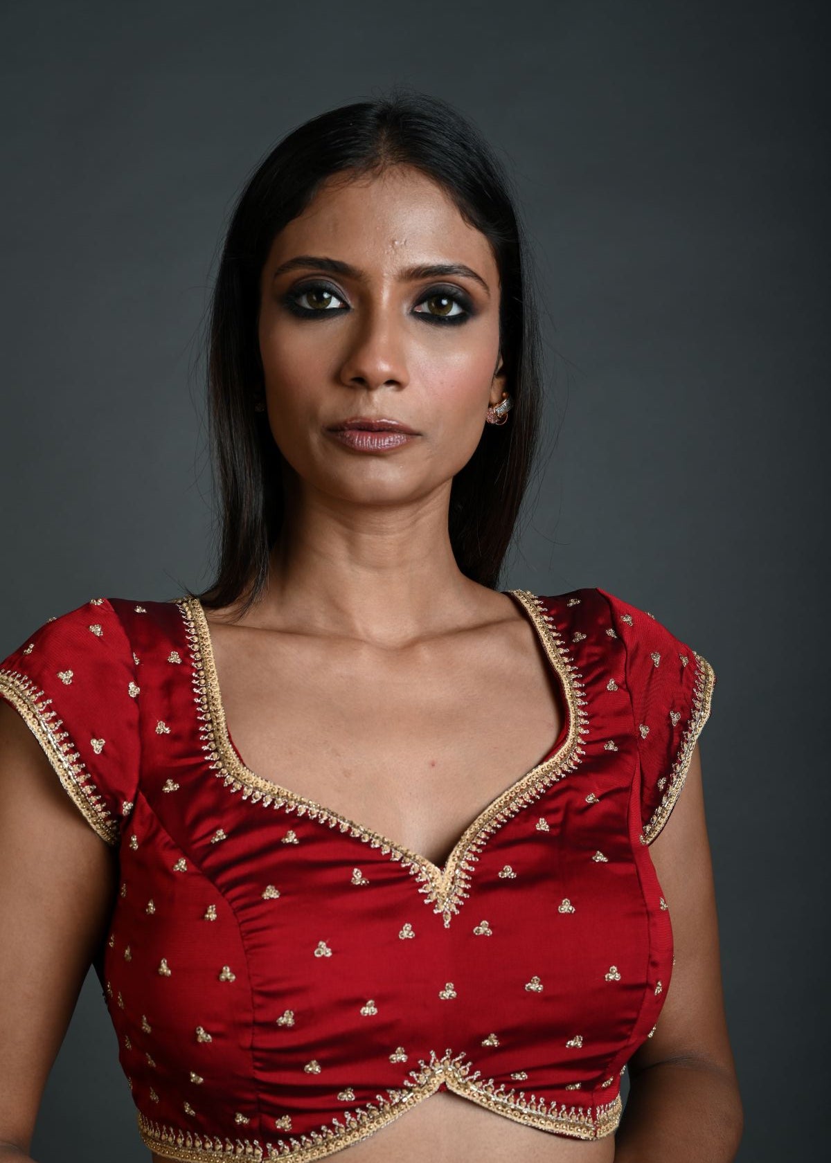 Maroon Embroidered Blouse in Silk with Short Sleeves - Anvi Couture