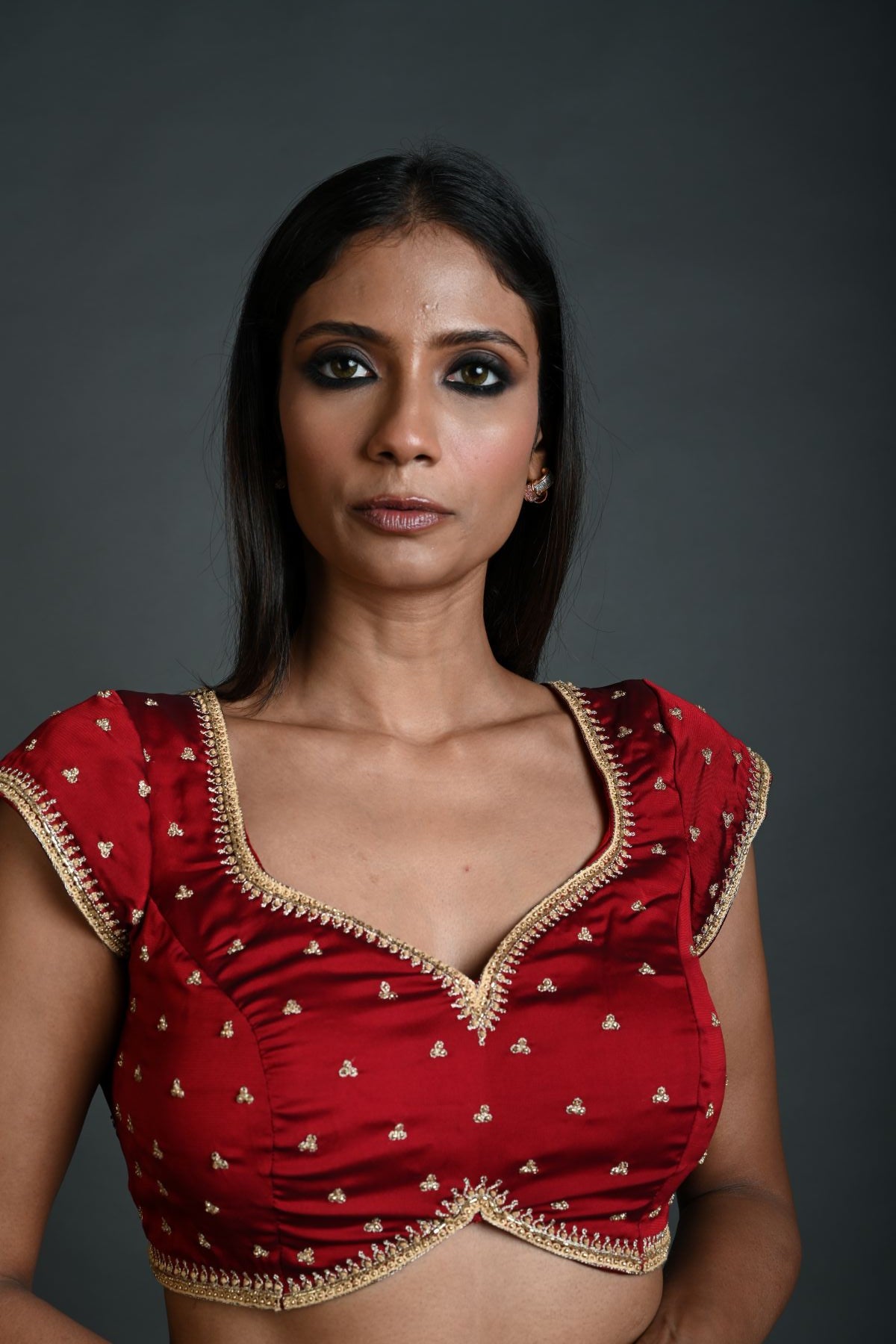 Maroon Embroidered Blouse in Silk with Short Sleeves - Anvi Couture