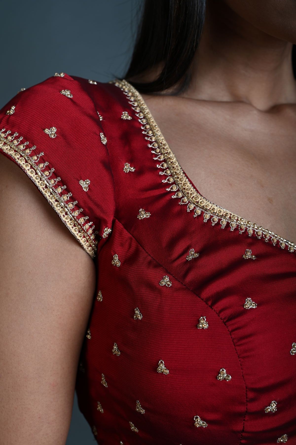 Maroon Embroidered Blouse in Silk with Short Sleeves - Anvi Couture