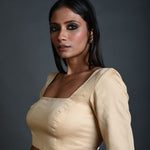 Cream Blouse with Half Sleeves in Cotton with Square Neckline - Anvi Couture