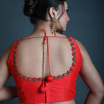 Red Sleeveless Blouse in Raw Silk with Cutdana Embroidery - Anvi Couture