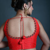 Red Sleeveless Blouse in Raw Silk with Cutdana Embroidery - Anvi Couture