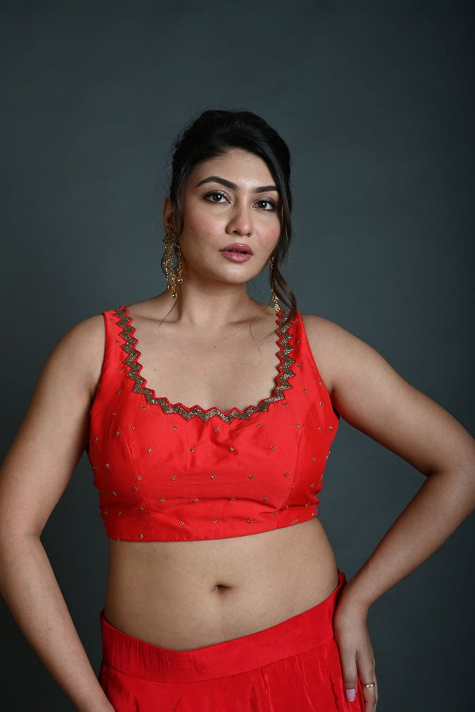 Red Sleeveless Blouse in Raw Silk with Cutdana Embroidery