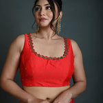 Red Sleeveless Blouse in Raw Silk with Cutdana Embroidery - Anvi Couture