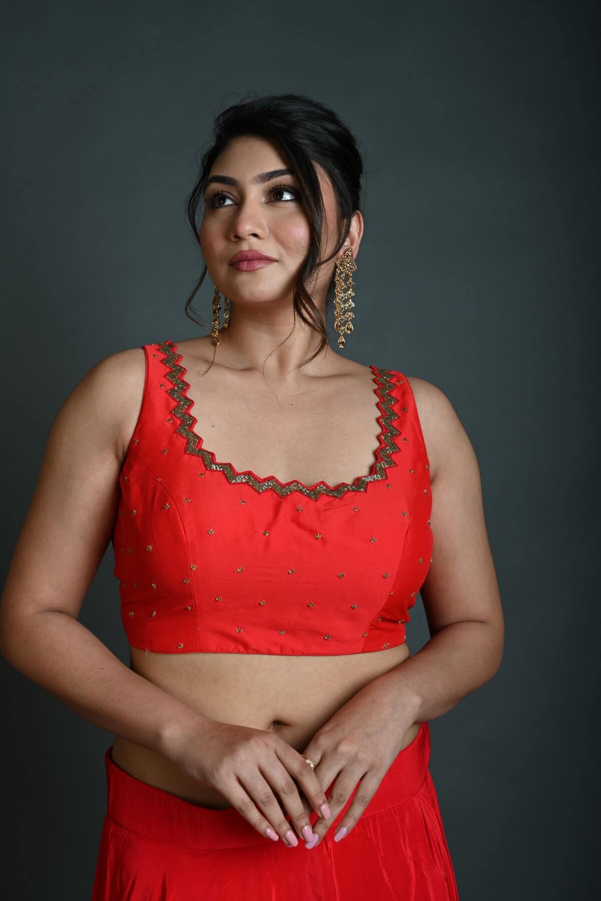 Red Sleeveless Blouse in Raw Silk with Cutdana Embroidery - Anvi Couture