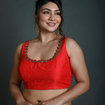 Red Sleeveless Blouse in Raw Silk with Cutdana Embroidery - Anvi Couture