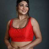 Red Sleeveless Blouse in Raw Silk with Cutdana Embroidery - Anvi Couture