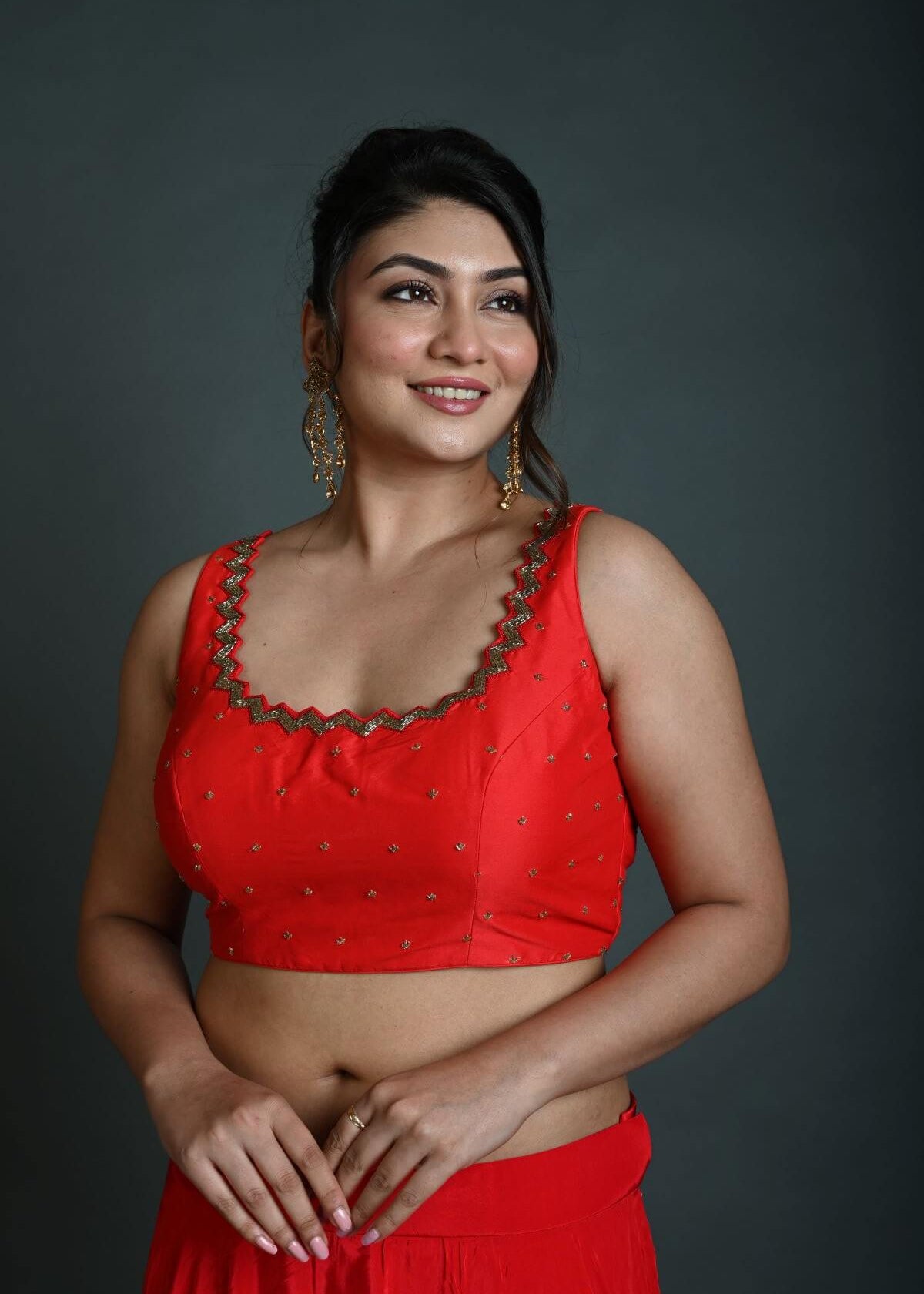 Red Sleeveless Blouse in Raw Silk with Cutdana Embroidery - Anvi Couture