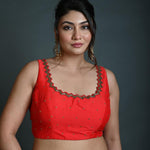 Red Sleeveless Blouse in Raw Silk with Cutdana Embroidery - Anvi Couture