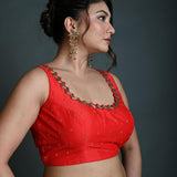 Red Sleeveless Blouse in Raw Silk with Cutdana Embroidery - Anvi Couture