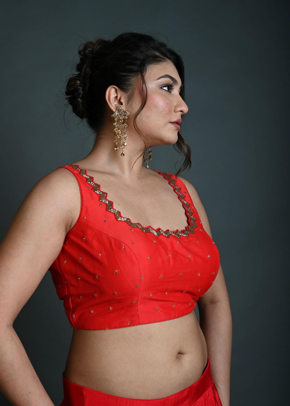 Red Sleeveless Blouse in Raw Silk with Cutdana Embroidery - Anvi Couture