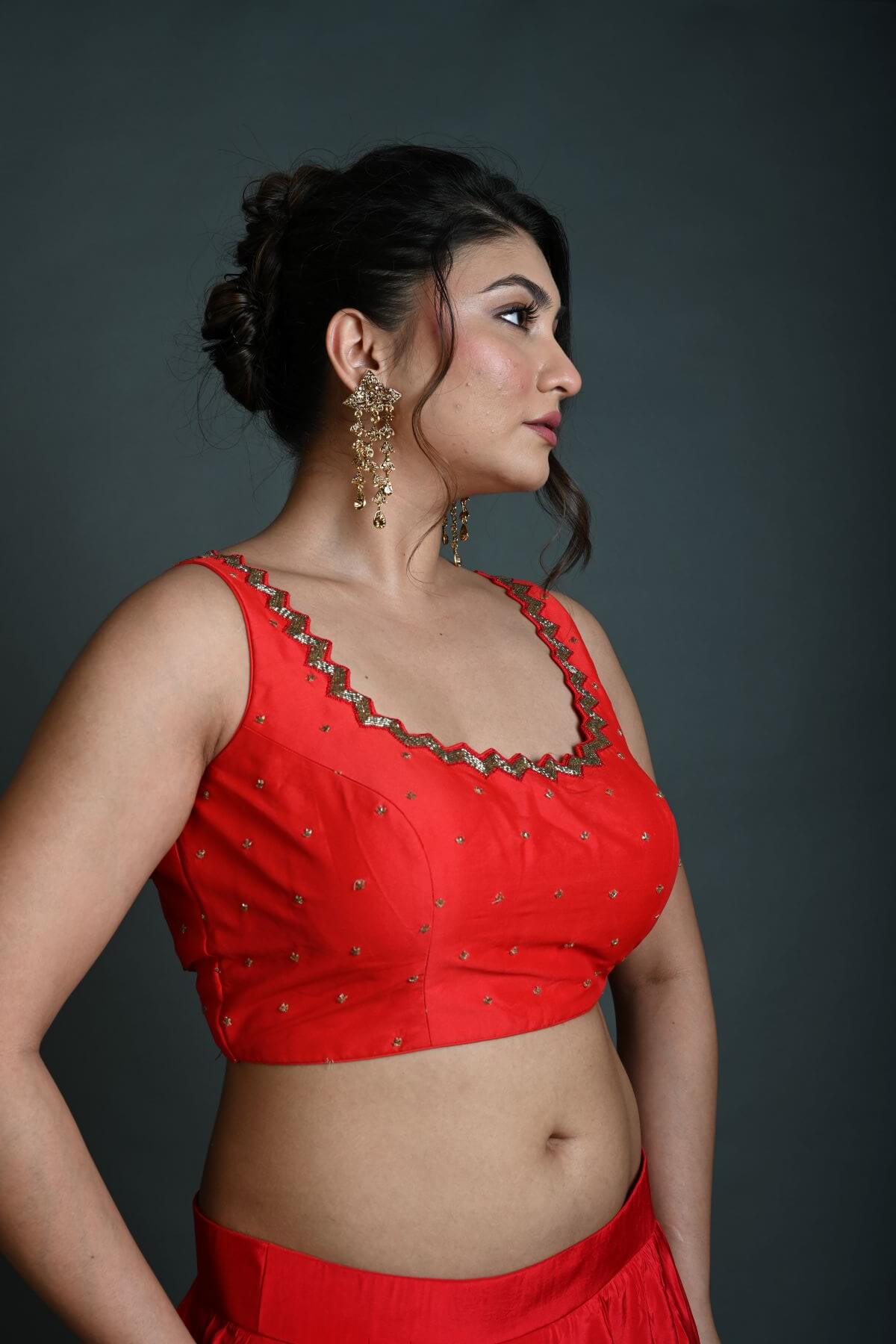 Red Sleeveless Blouse in Raw Silk with Cutdana Embroidery - Anvi Couture