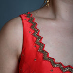 Red Sleeveless Blouse in Raw Silk with Cutdana Embroidery - Anvi Couture