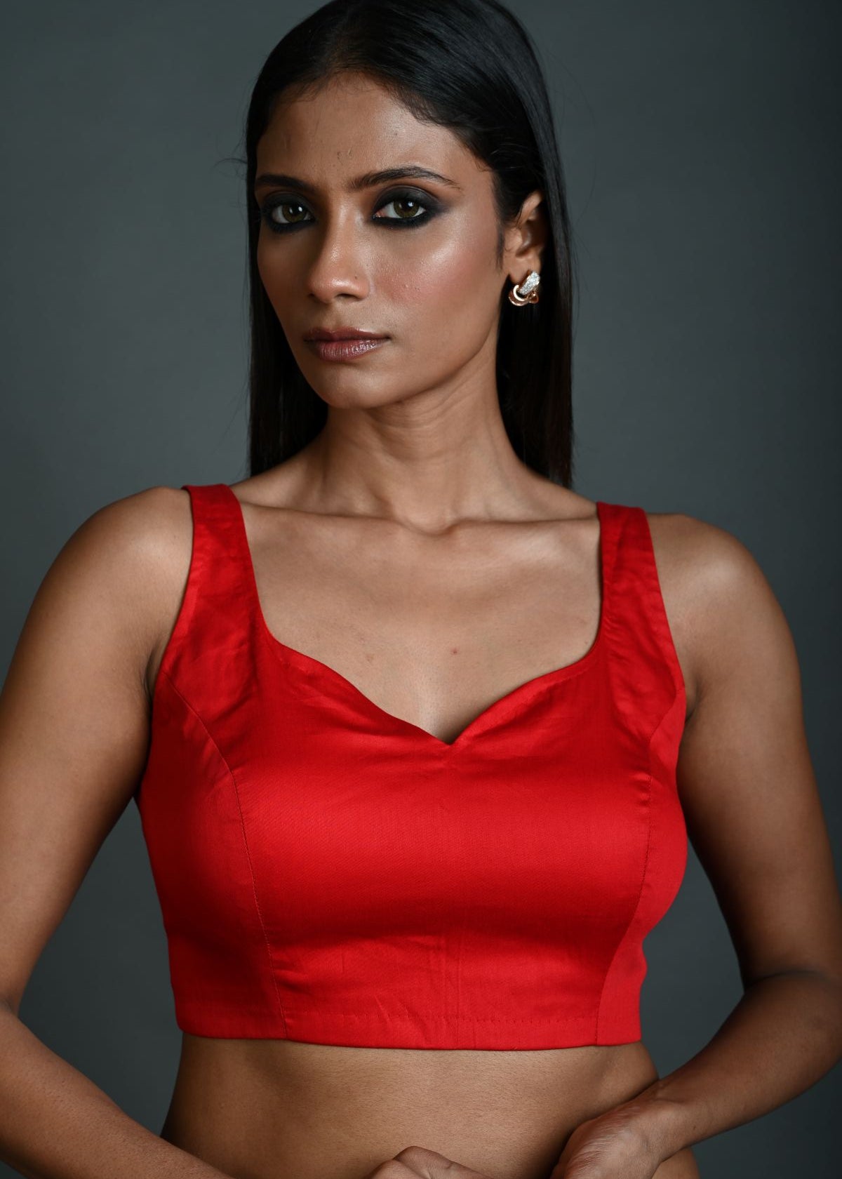 Red Sleeveless Blouse in Cotton with Sweetheart Neckline - Anvi Couture