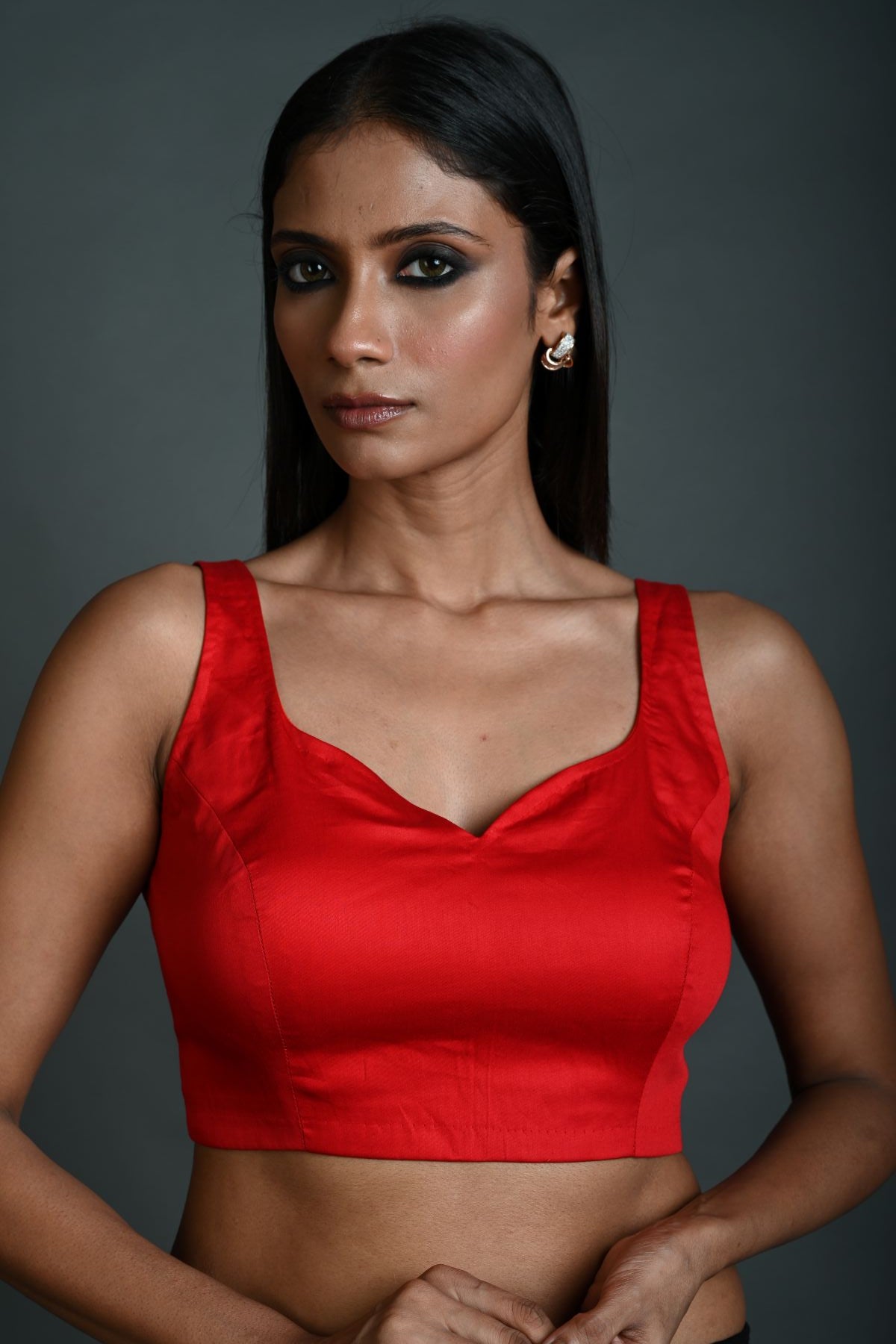 Red Sleeveless Blouse in Cotton with Sweetheart Neckline - Anvi Couture