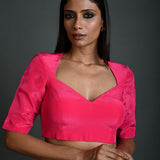 Rani Pink Blouse in Satin Silk with Half Sleeves and Back Cutout - Anvi Couture