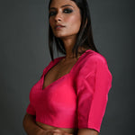 Rani Pink Blouse in Satin Silk with Half Sleeves and Back Cutout - Anvi Couture