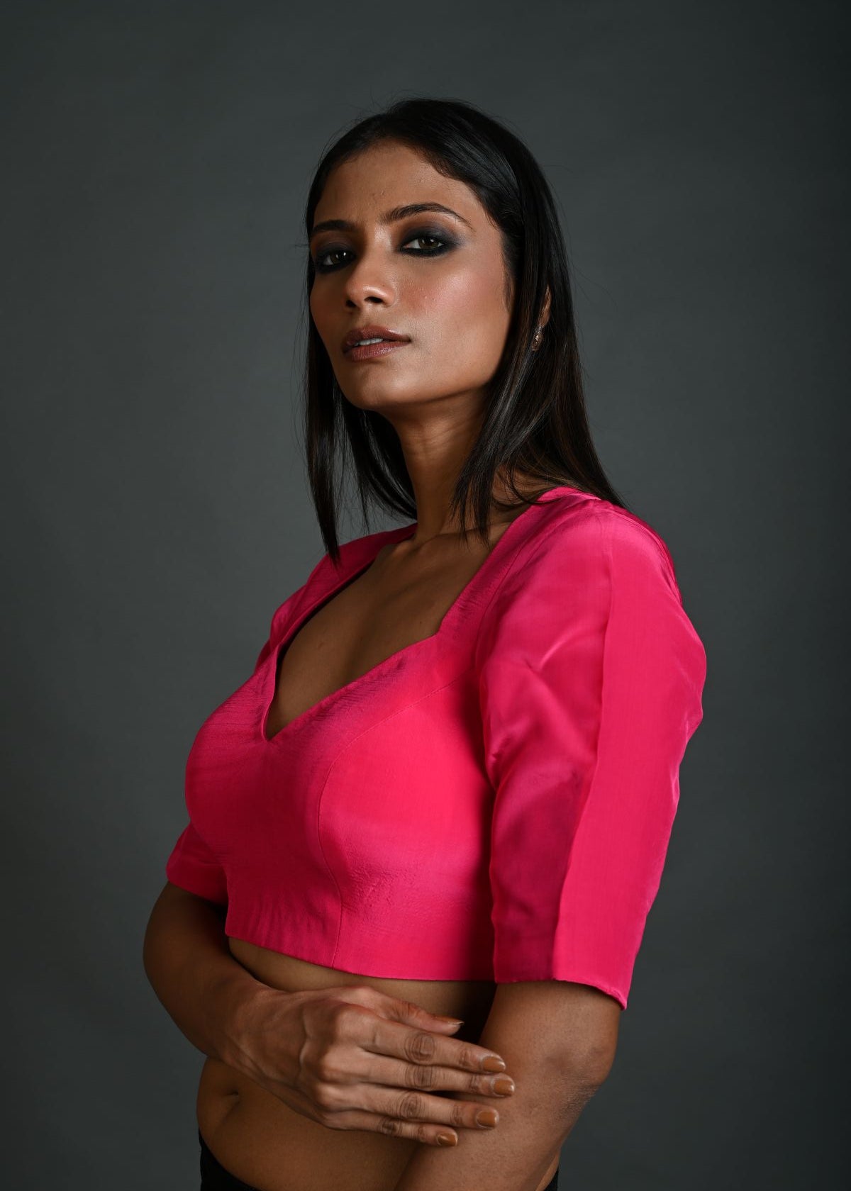 Rani Pink Blouse in Satin Silk with Half Sleeves and Back Cutout - Anvi Couture