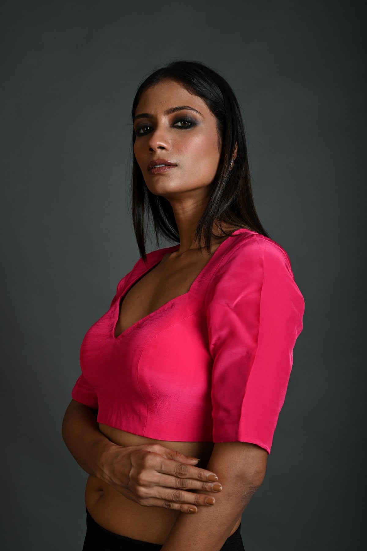 Rani Pink Blouse in Satin Silk with Half Sleeves and Back Cutout - Anvi Couture