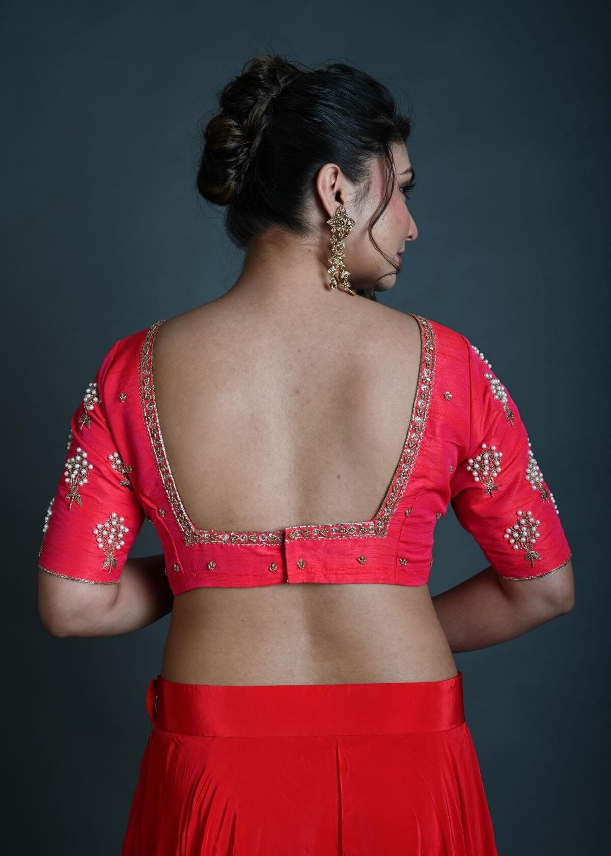 Bridal Pink Hand Embroidered Blouse in Raw Silk with Square Neckline - Anvi Couture