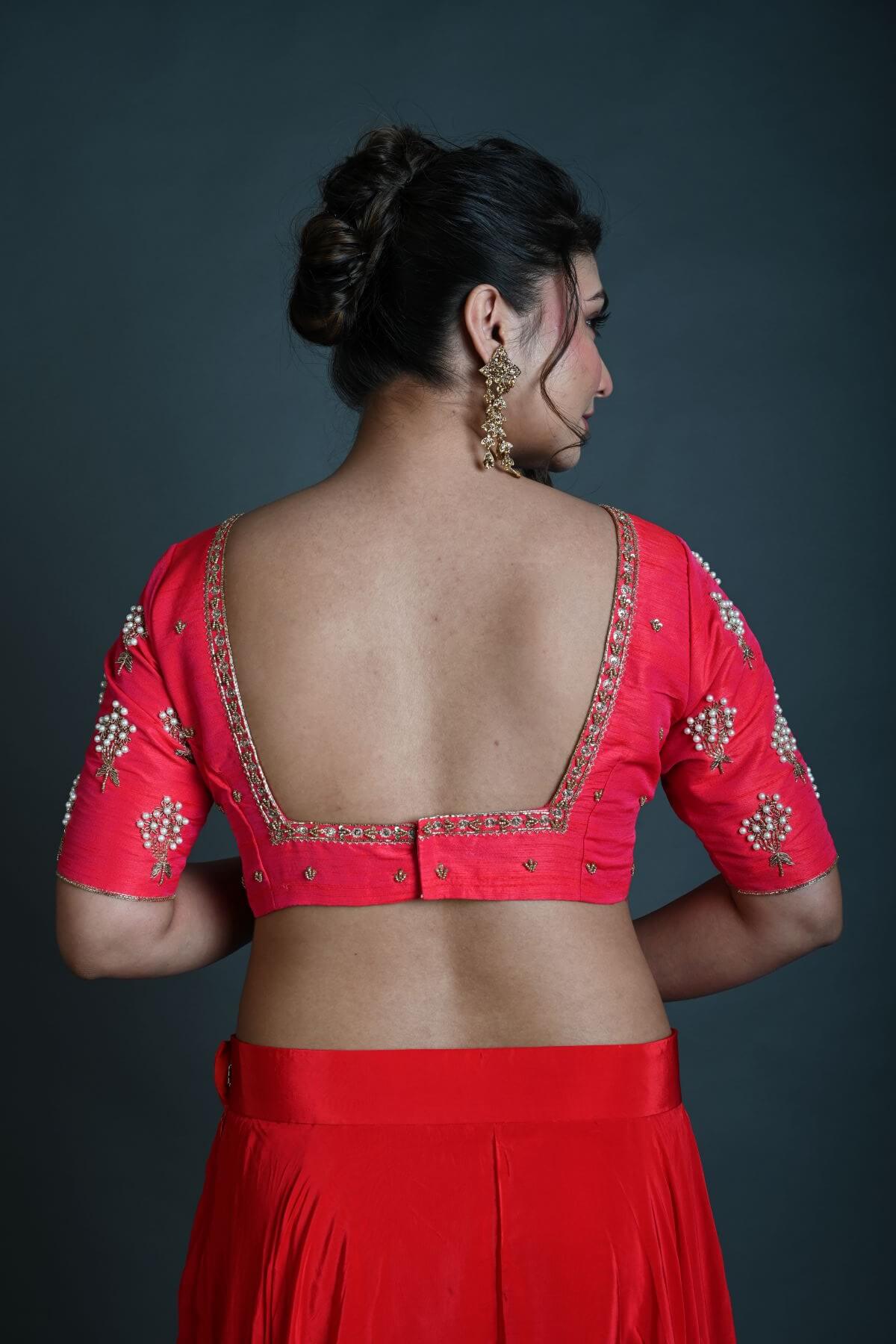 Bridal Pink Hand Embroidered Blouse in Raw Silk with Square Neckline - Anvi Couture