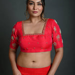 Bridal Pink Hand Embroidered Blouse in Raw Silk with Square Neckline - Anvi Couture