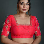 Bridal Pink Hand Embroidered Blouse in Raw Silk with Square Neckline - Anvi Couture