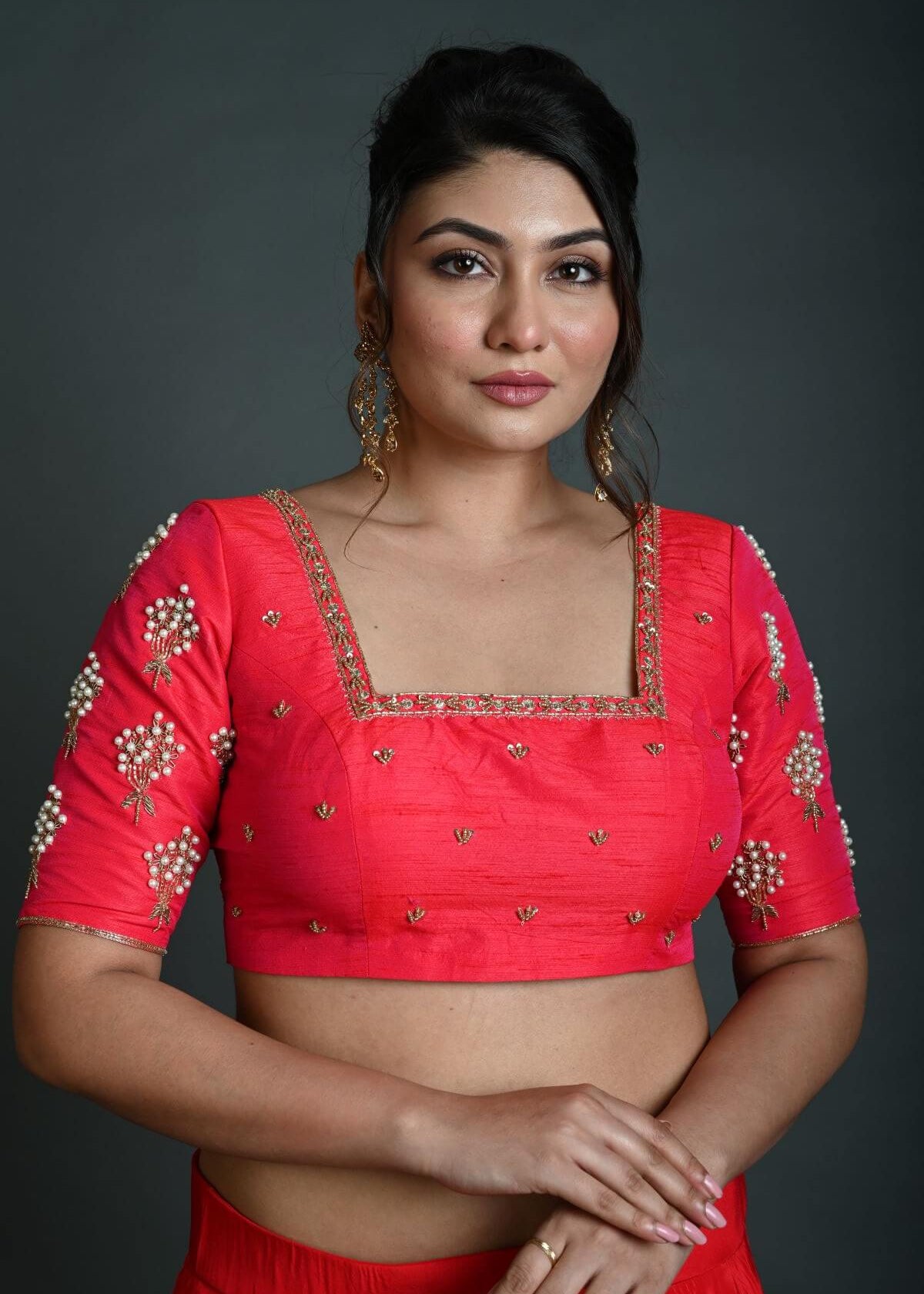 Bridal Pink Hand Embroidered Blouse in Raw Silk with Square Neckline - Anvi Couture