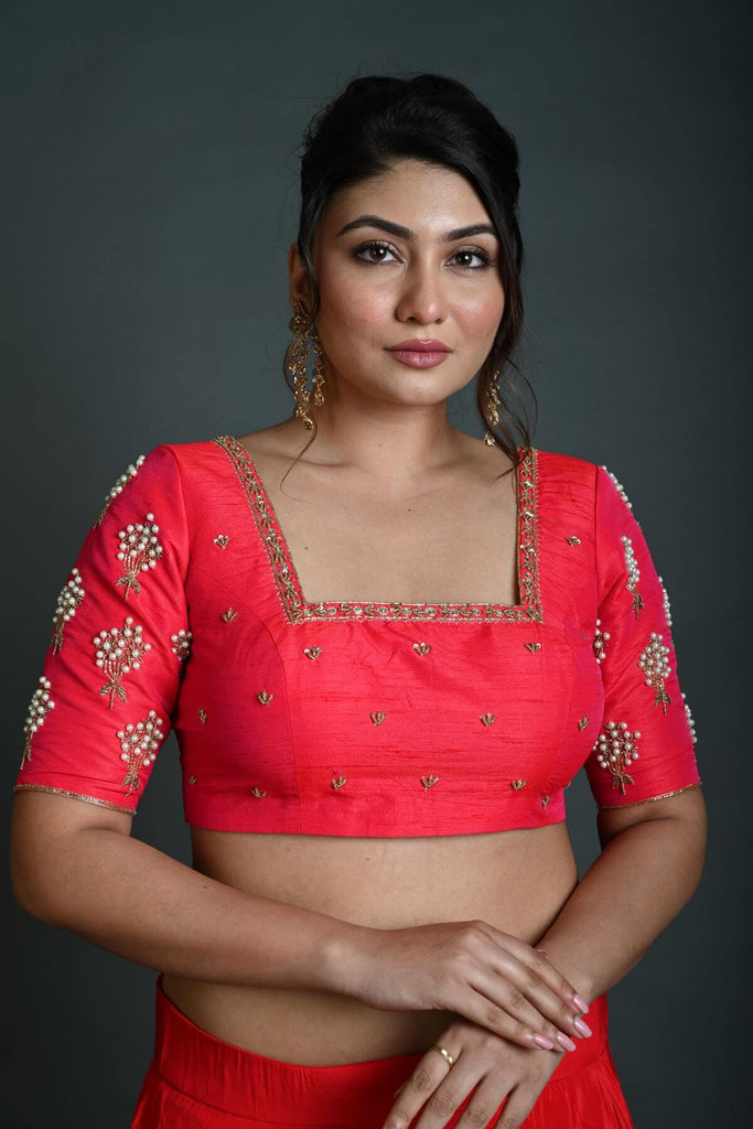 Bridal Pink Hand Embroidered Blouse in Raw Silk with Square Neckline